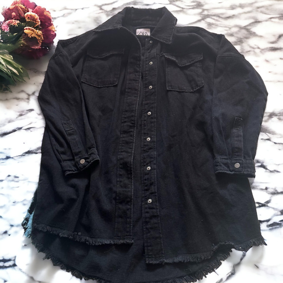 Zara Black Denim Button Down Oversized Shirt Jacket - Picture 3 of 8